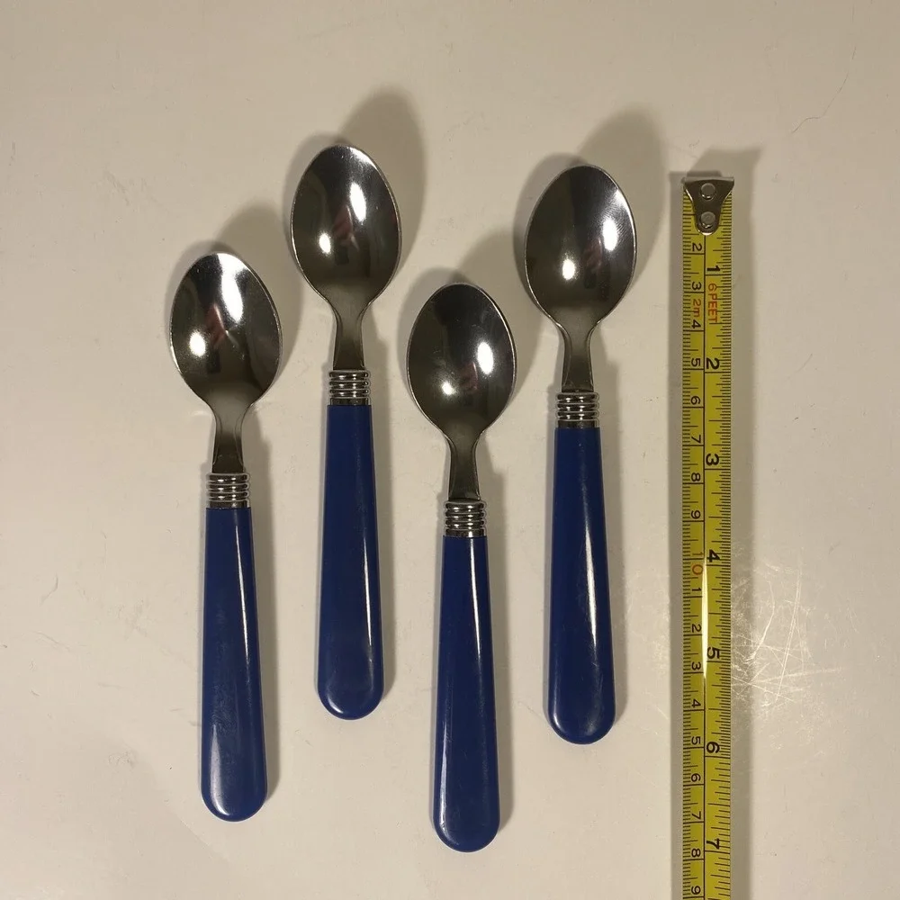 Bright Handle Silverware Spoons Blue Stainless Steel 6 inches Lot Of 4
